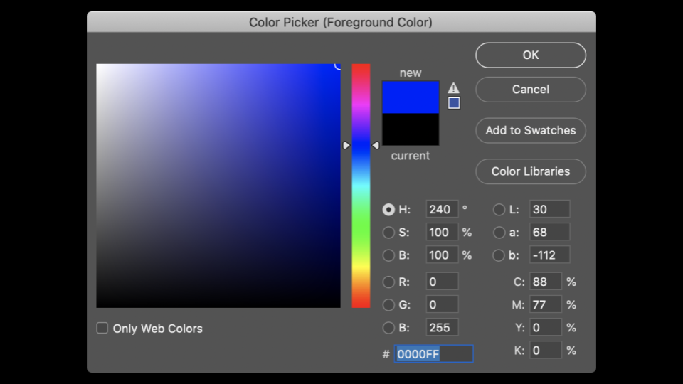 Um painel do photoshop com valores RGB e entrada hexadecimal