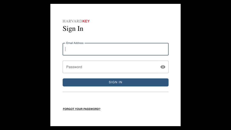 tela de login do harvard key com campos de nome de usuário e senha